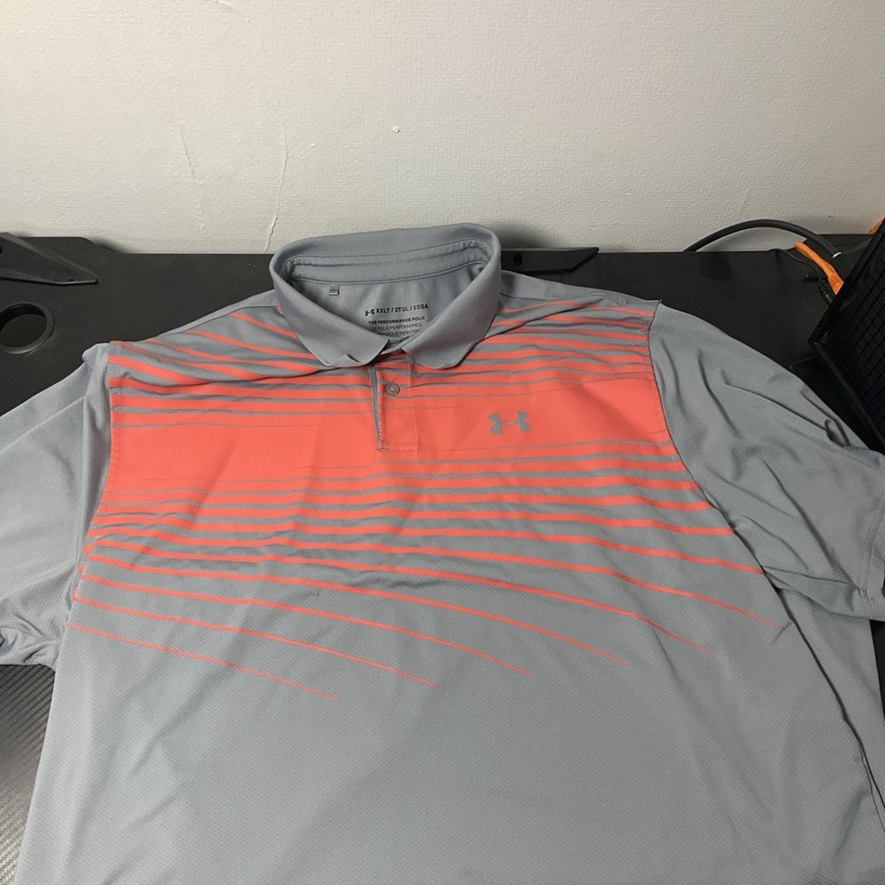 Under Armour Polo Shirt Mens XXLT Gray Orange Stripe Performance Golf Loose Fit
